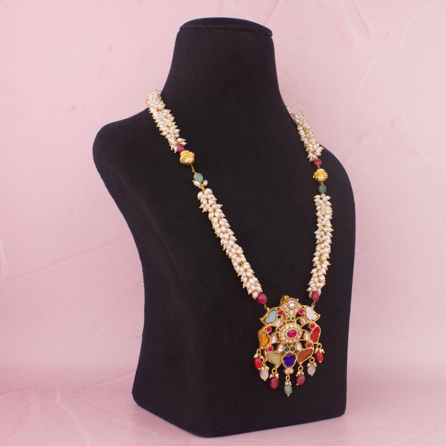 Navratna locket pearl chain necklace
