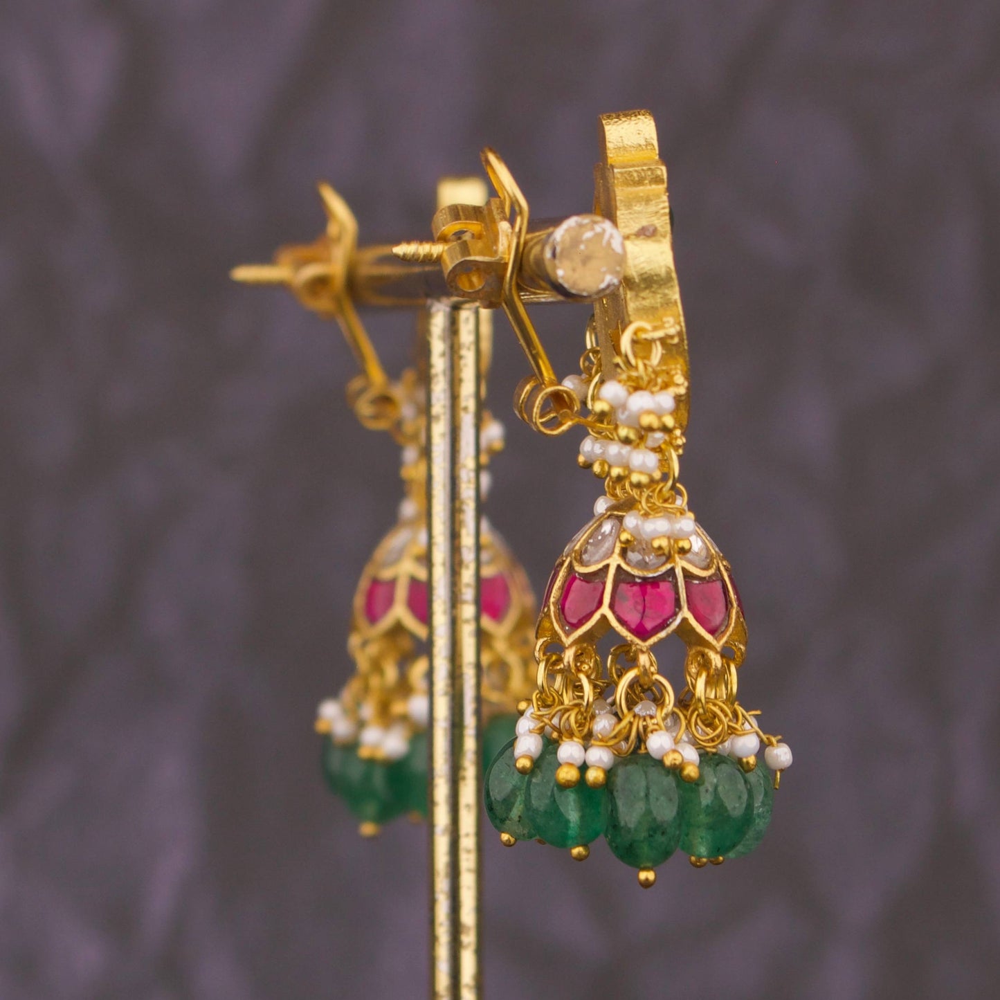 Classy Jadau Kundan Jhumki Earrings With Green Beads