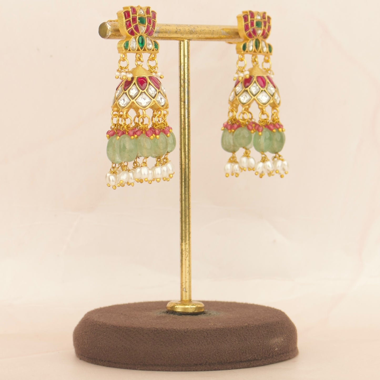 Bridal Jadau Kundan lotus Studded Jhumka With Pearl & Bead Hanging