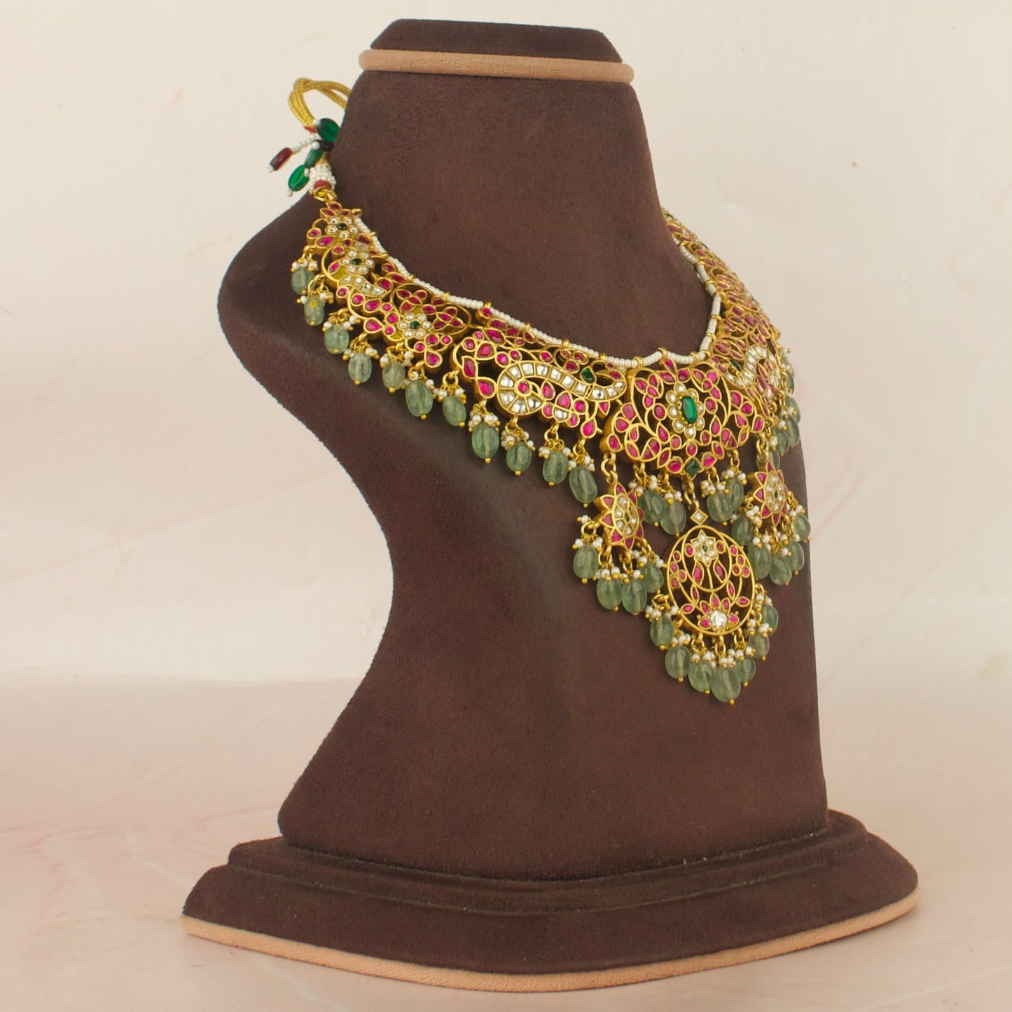 Bridal Floral Design Jadau Kundan Necklace with Green Beads