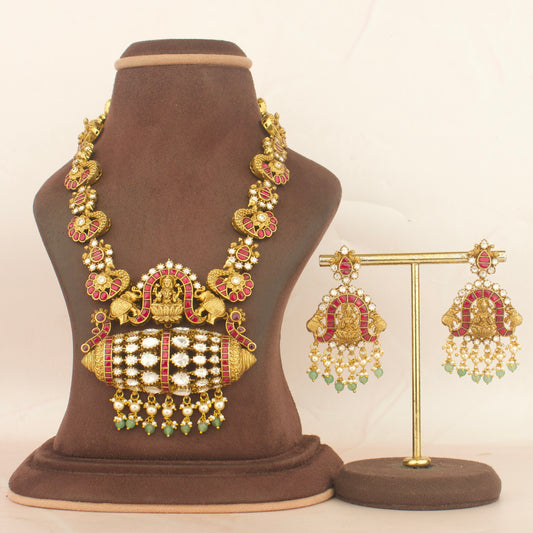 Timeless Divine Laksmi Devi and Elephant Design Jadau Kundan Short Necklace Antique Necklace