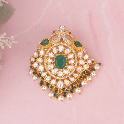 Royal Polki Pendant With Green Emerald And Pearl Drops