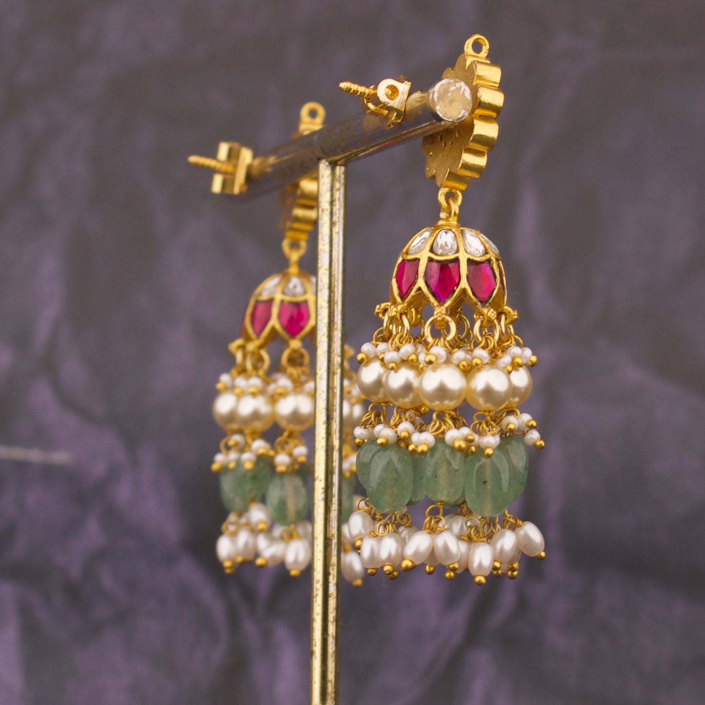 Phool Design Jadau Kundan Jhumka Earrings With Hangings