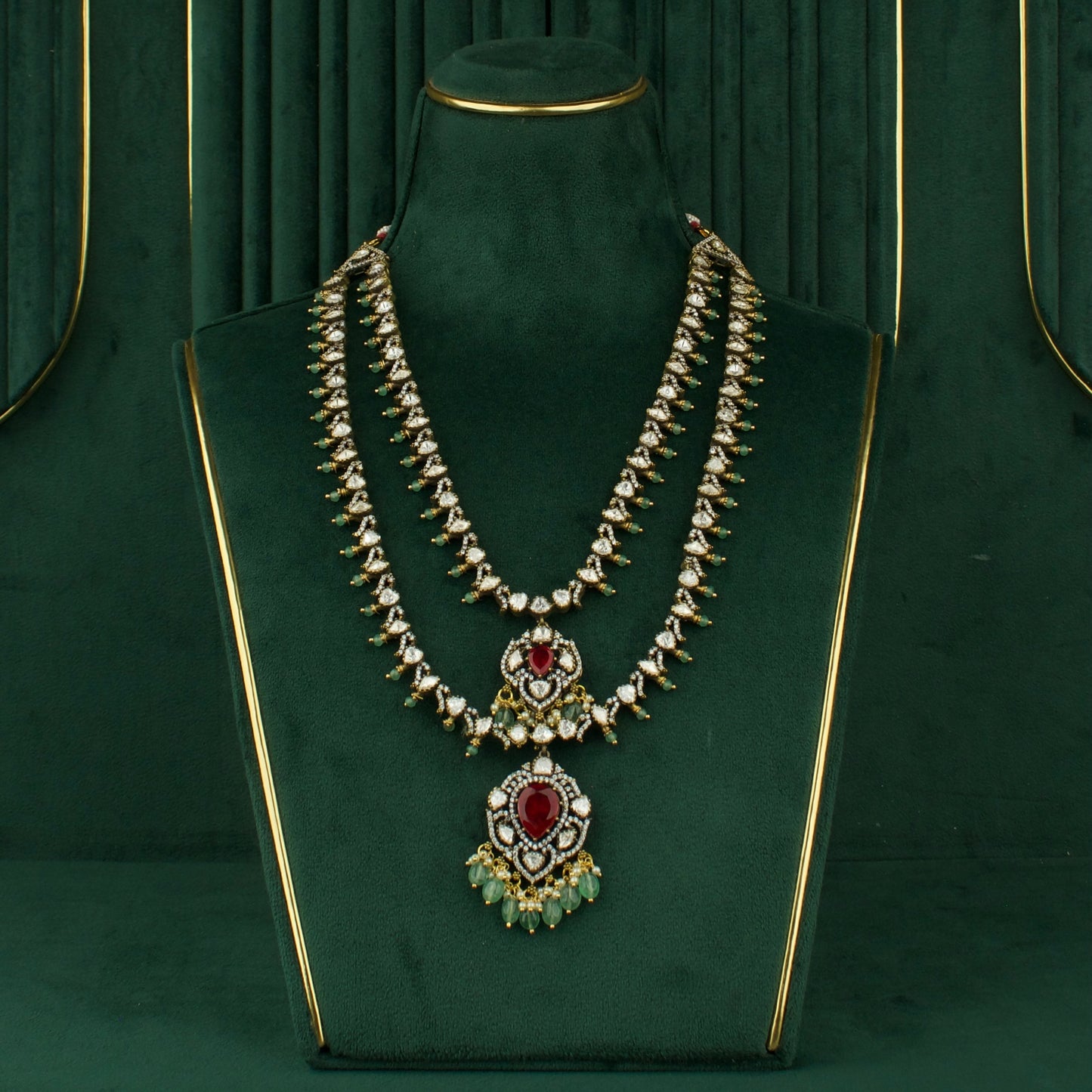 Sleek Design Fusion Kundan & Polki Victorian Double Layer Haram With Matching Earrings