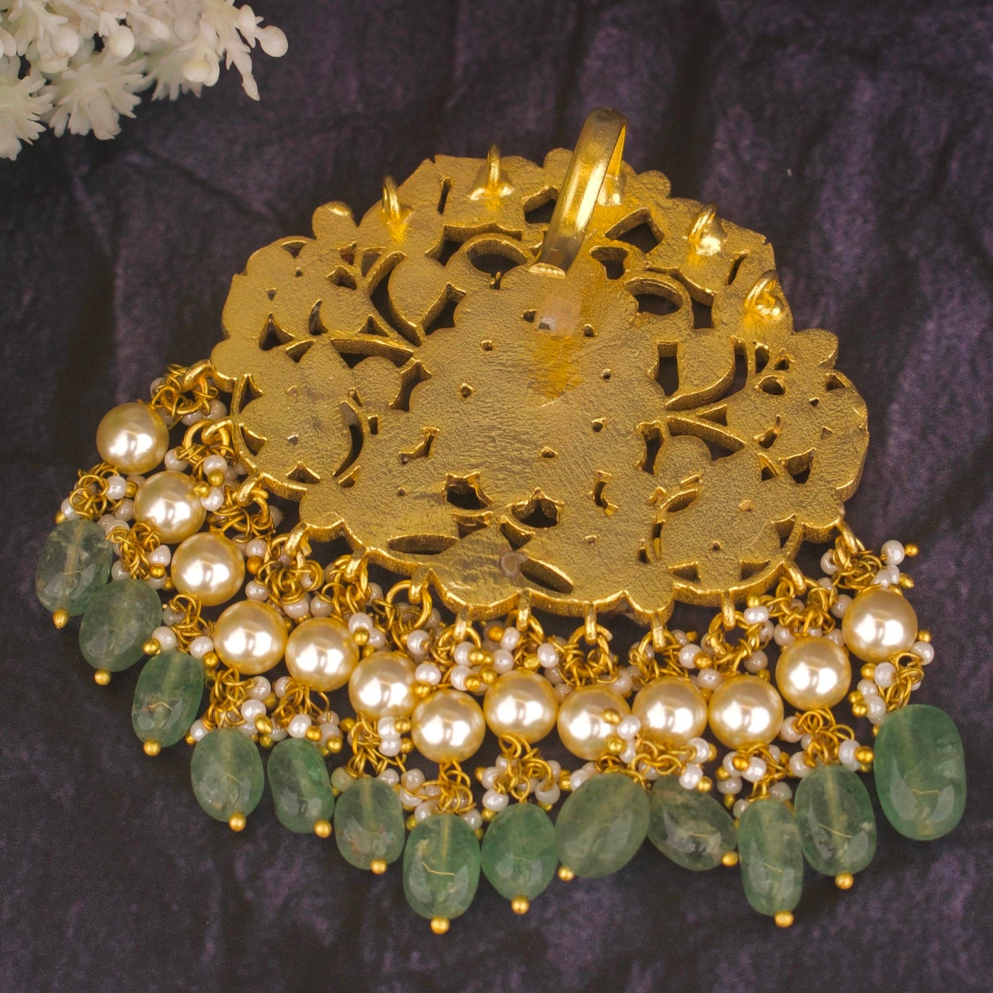 Designer Jadau Kundan Pendant – Luxury Pendant With Guttapusalu Hangings - DULHAN JEWELS