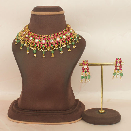 Refined Multi Colored Jadau Kundan Necklace With Matching Earrings