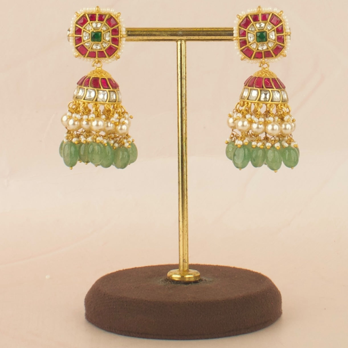 Squared Design Studded Jadau Kundan Jhumki with Swarovski Pearls