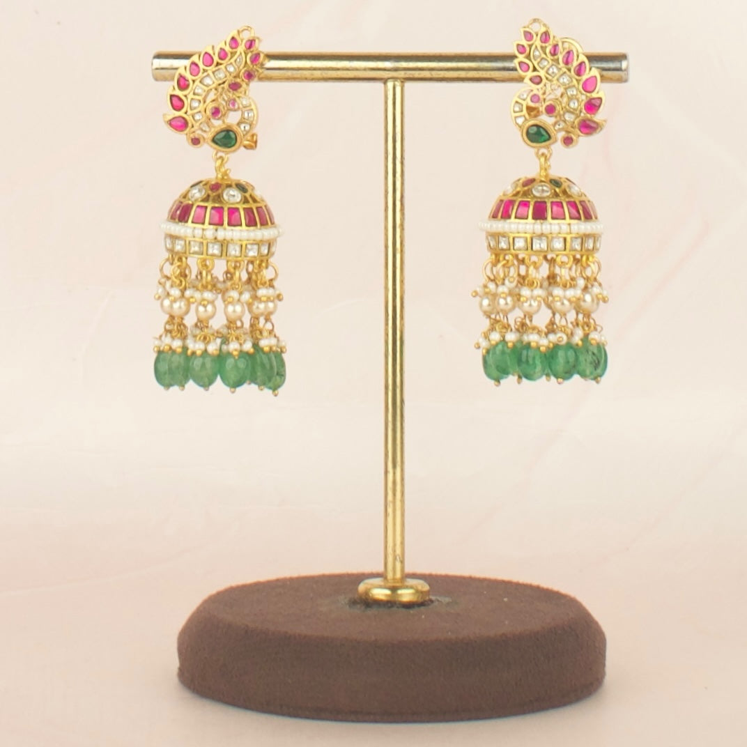 Bridal Gold Style Jadau Kundan Jhumki with Green Beads