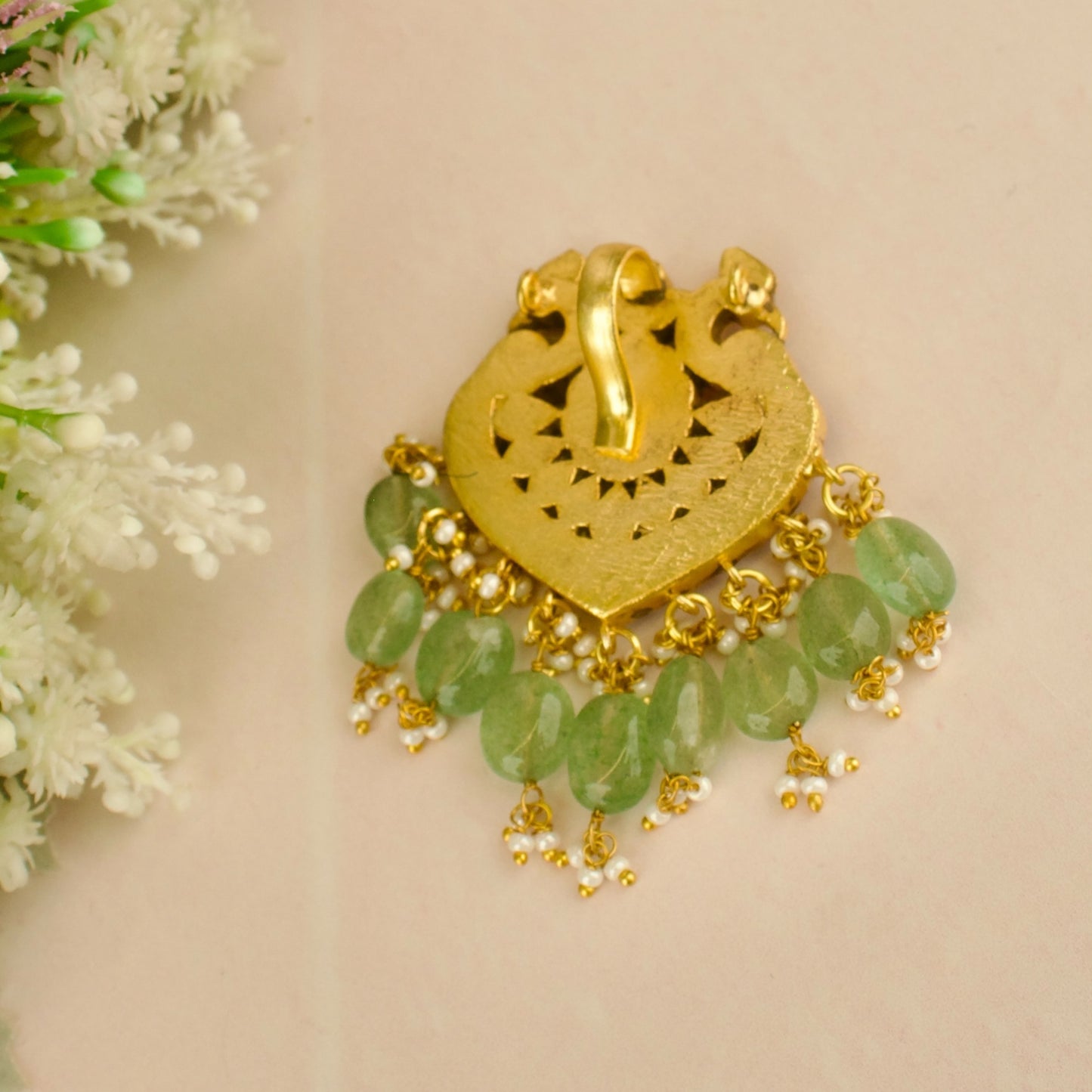 Glorious Peacock Design Jadau Kundan Locket with Green Beads
