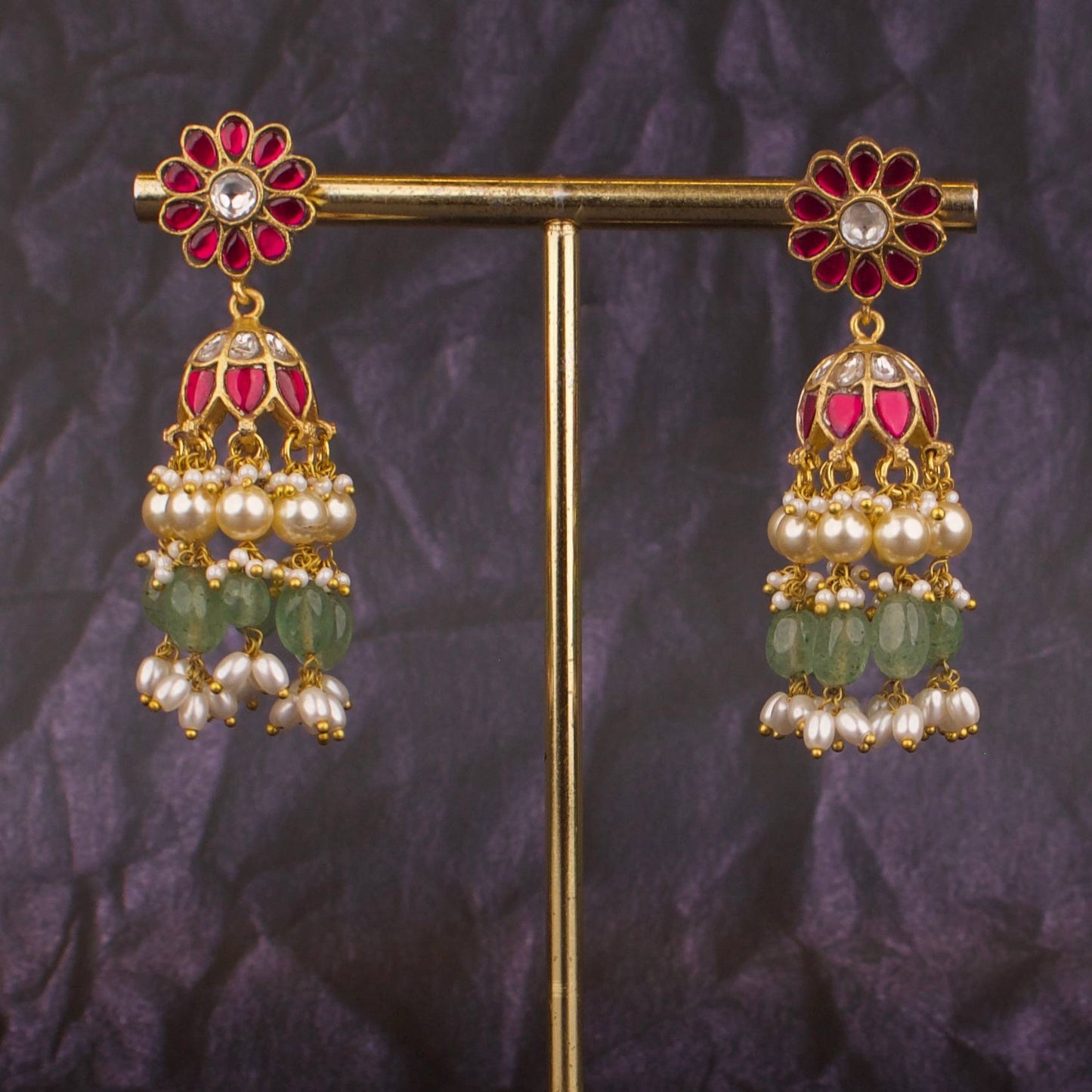 Exquisite Jadau Kundan Floral Design Earrings with Swarovski Ricepearl Hangings