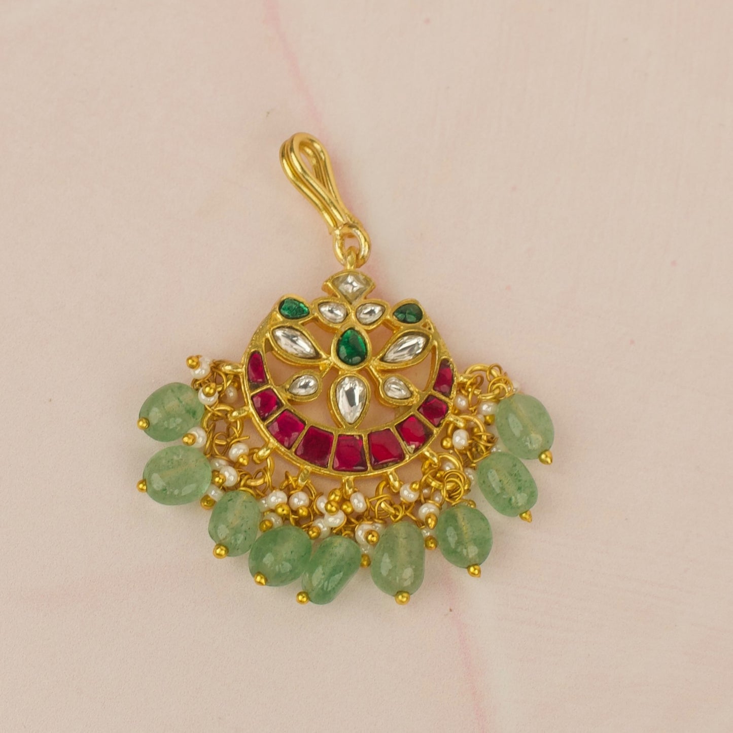 Elegant Jadau Kundan Maangtika with Green Bead Drops