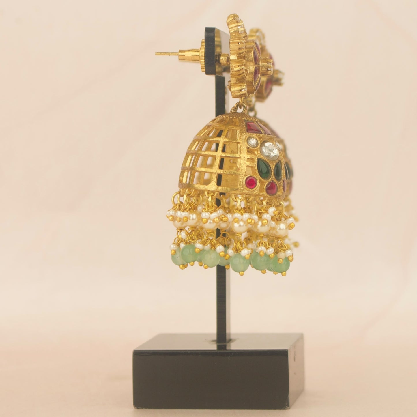 Divine Lakshmi Devi nakshi jadau kundan earrings with pearl fringe