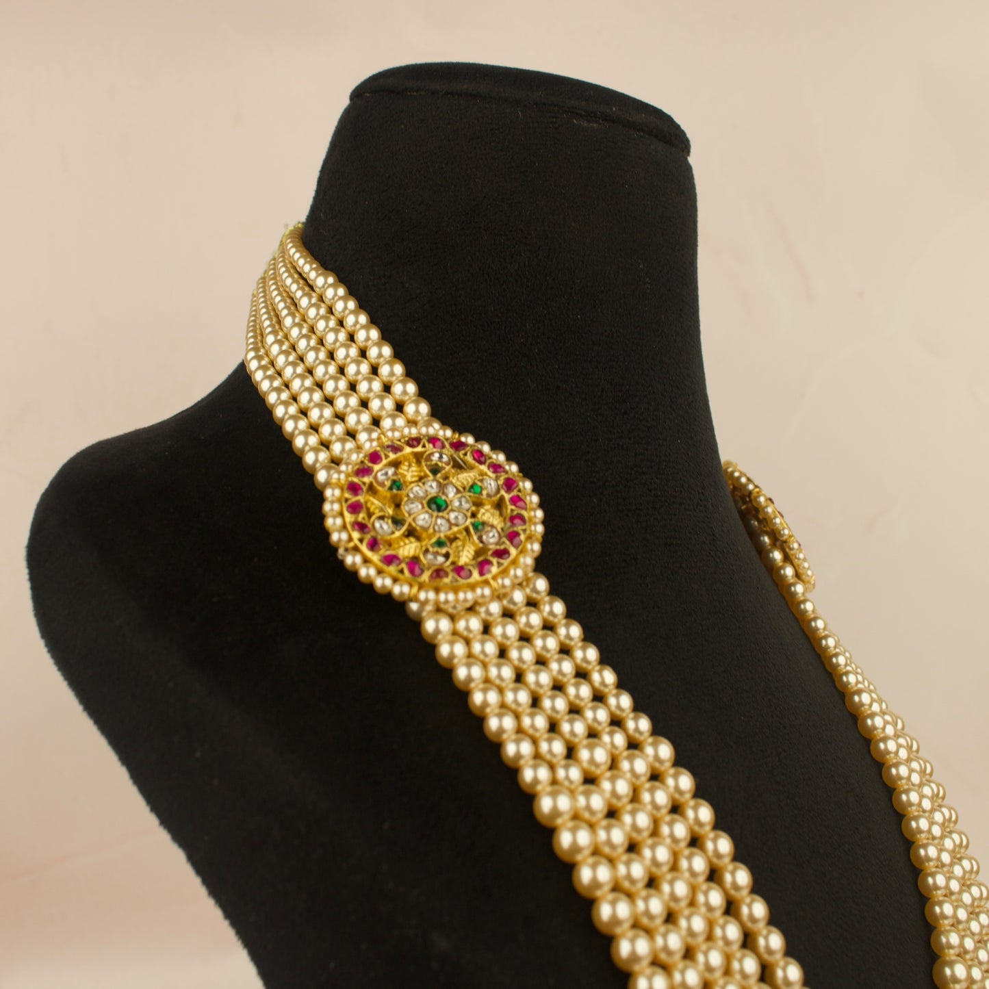 Traditional Jadau Kundan Side Locket Swarovski Pearl Mala