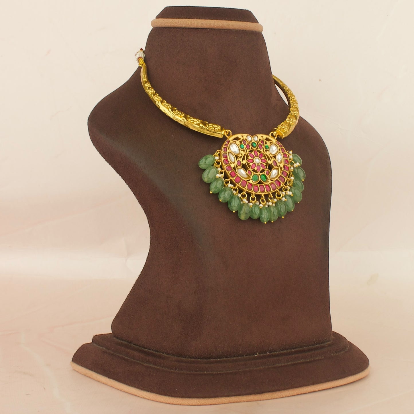 Heritage Floral Chandbali Design Jadau Kundan Kanti with green beads