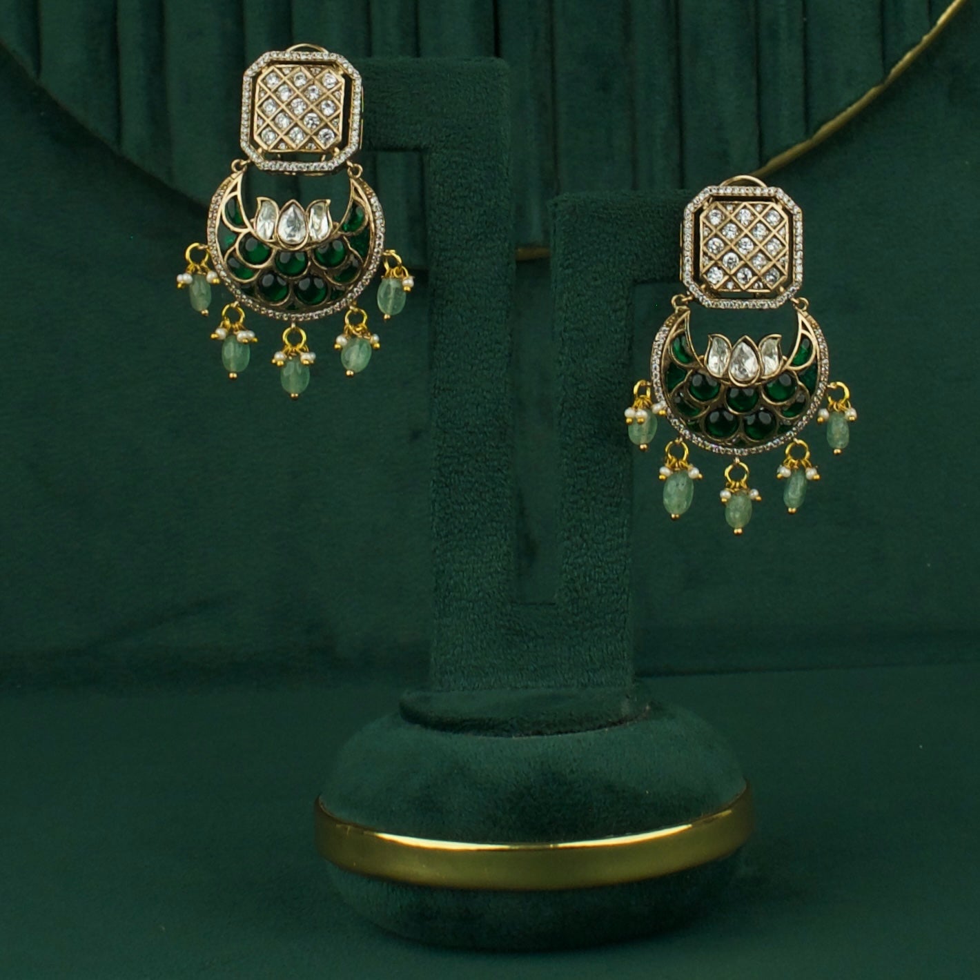 Regal Polki Mehandi Victorian Chand Bali Earrings