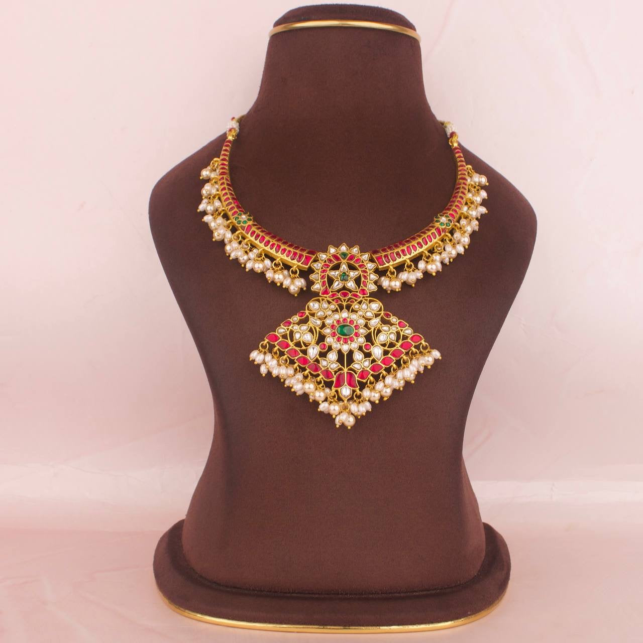 Gold Style Jadau Kundan Kanti Style Necklace With Guttapusalu Hanging