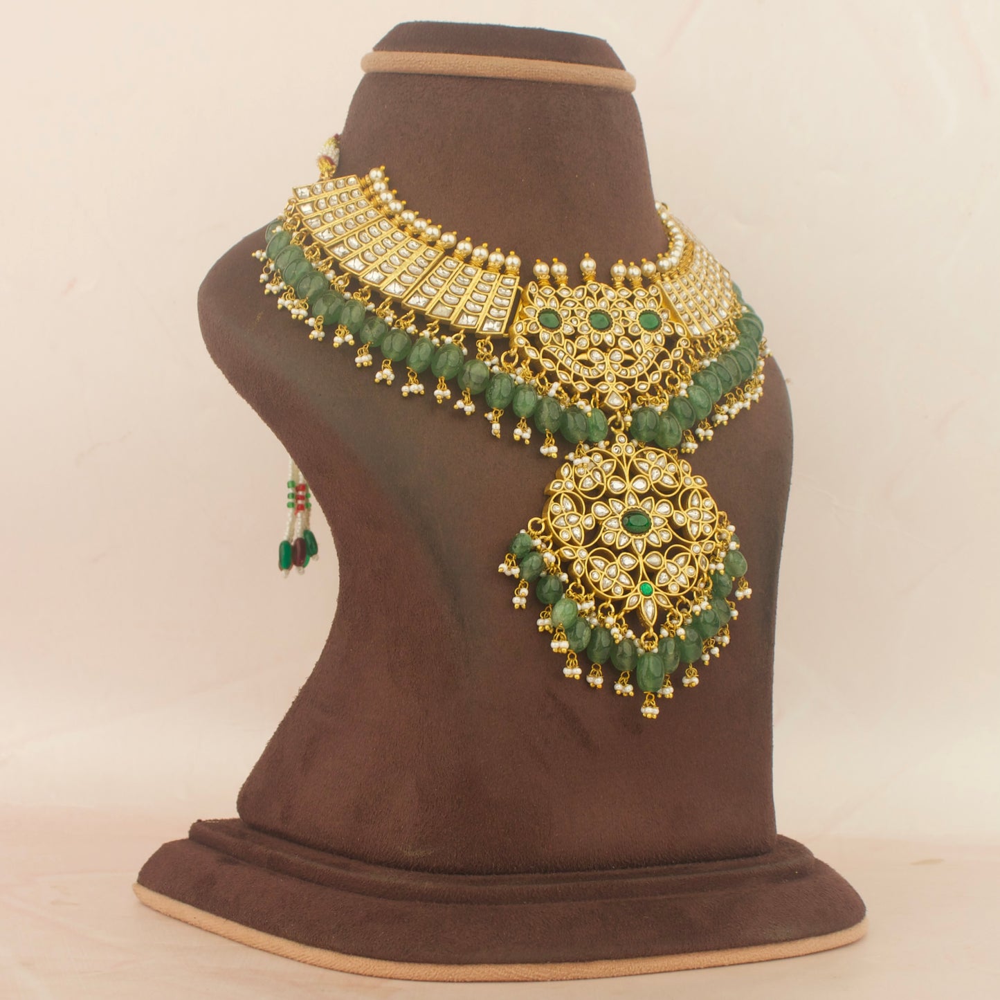 Gold inspired Jadau Kundan Necklace With Bead Hangings