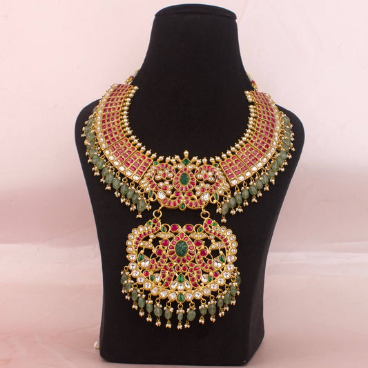 Bridal Heavy Jadau Kundan Necklace With Strawberry Beads as Hangings