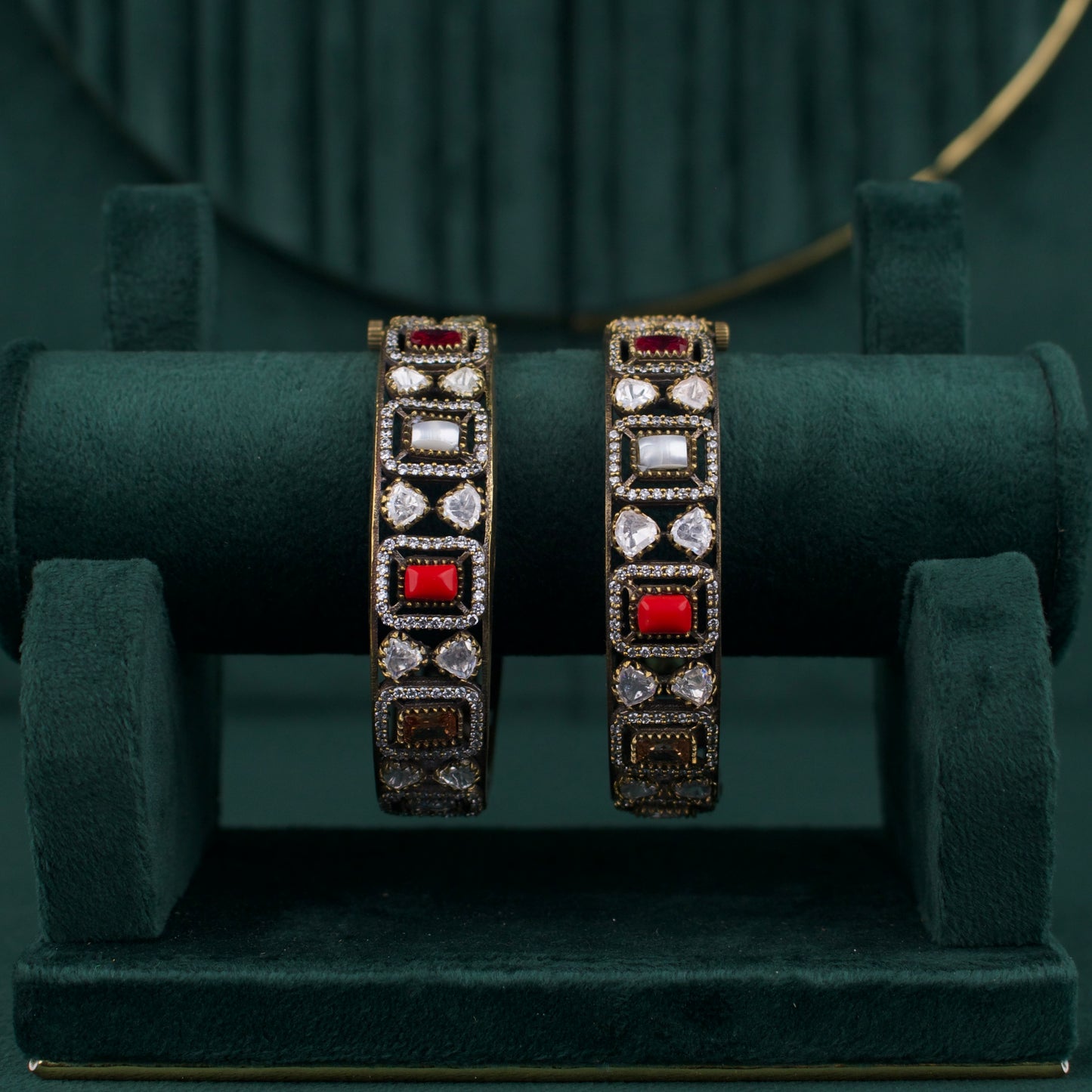 Traditional Victorian Polki Bangles with AD stones in Navaratna colour