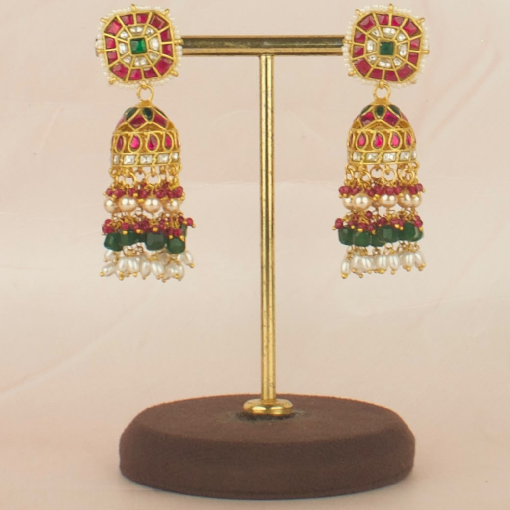 Ethereal Design Studded Jadau Kundan Jhumki with Beads Hanging