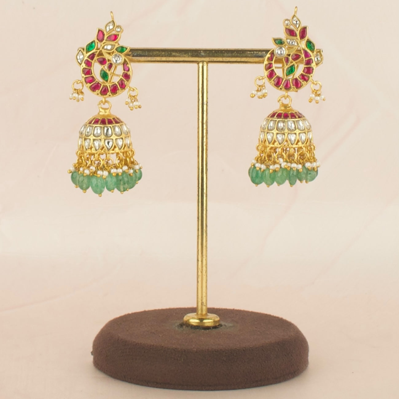 Intricate Design Jadau Kundan Jhumki with Green Beads