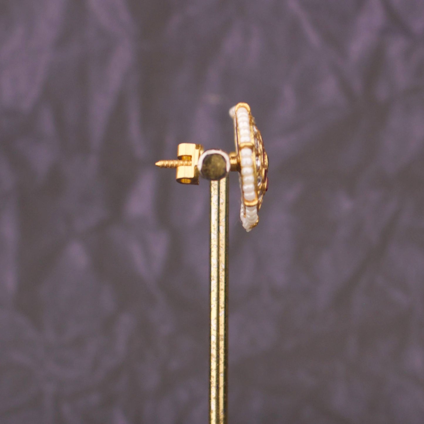 Classic Jadau Kundan Stud Earrings With Pearl Bordering