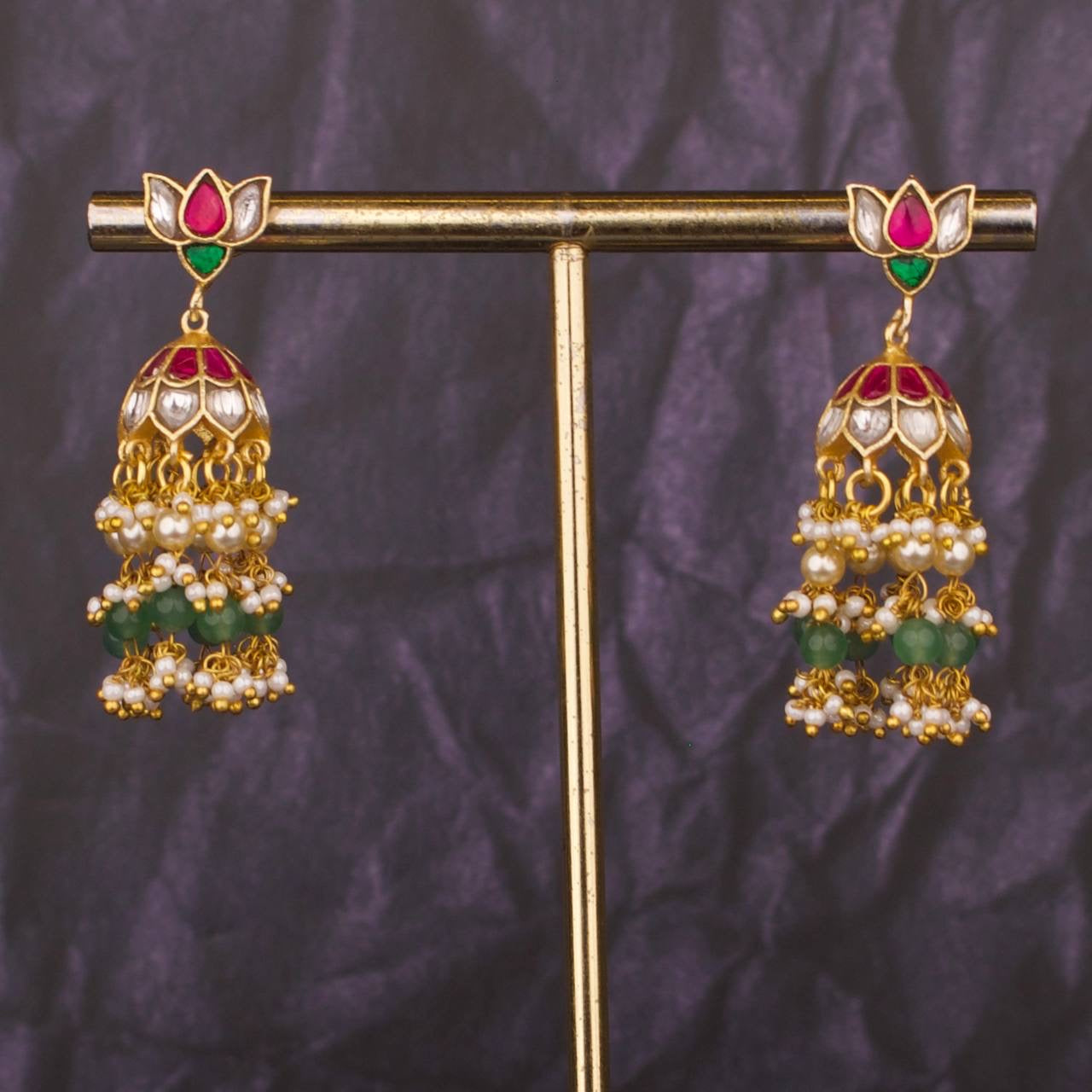 Sleek Lotus Studded Jadau Kundsn Jhumki With Guttapusalu Hangings