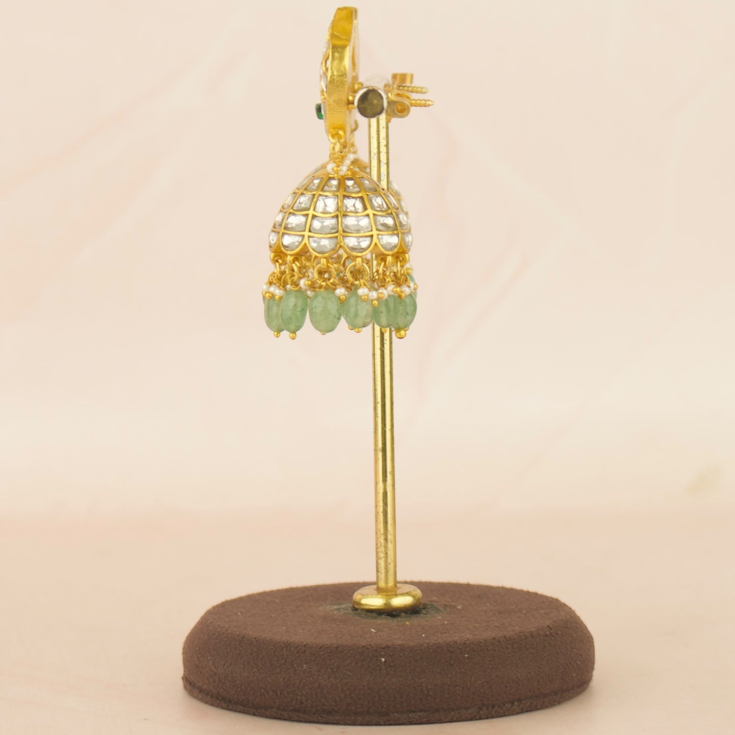 White Jadau Kundan Jhumka with Peacock Motif