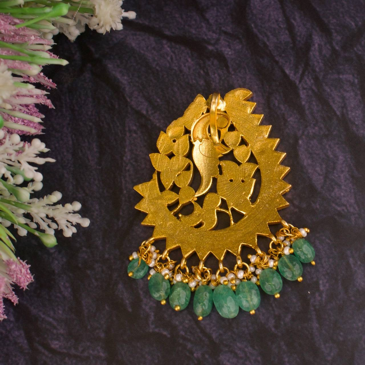 Nakshi Peacock Design Jadau Kundan Pendant With Green Beads Hangings
