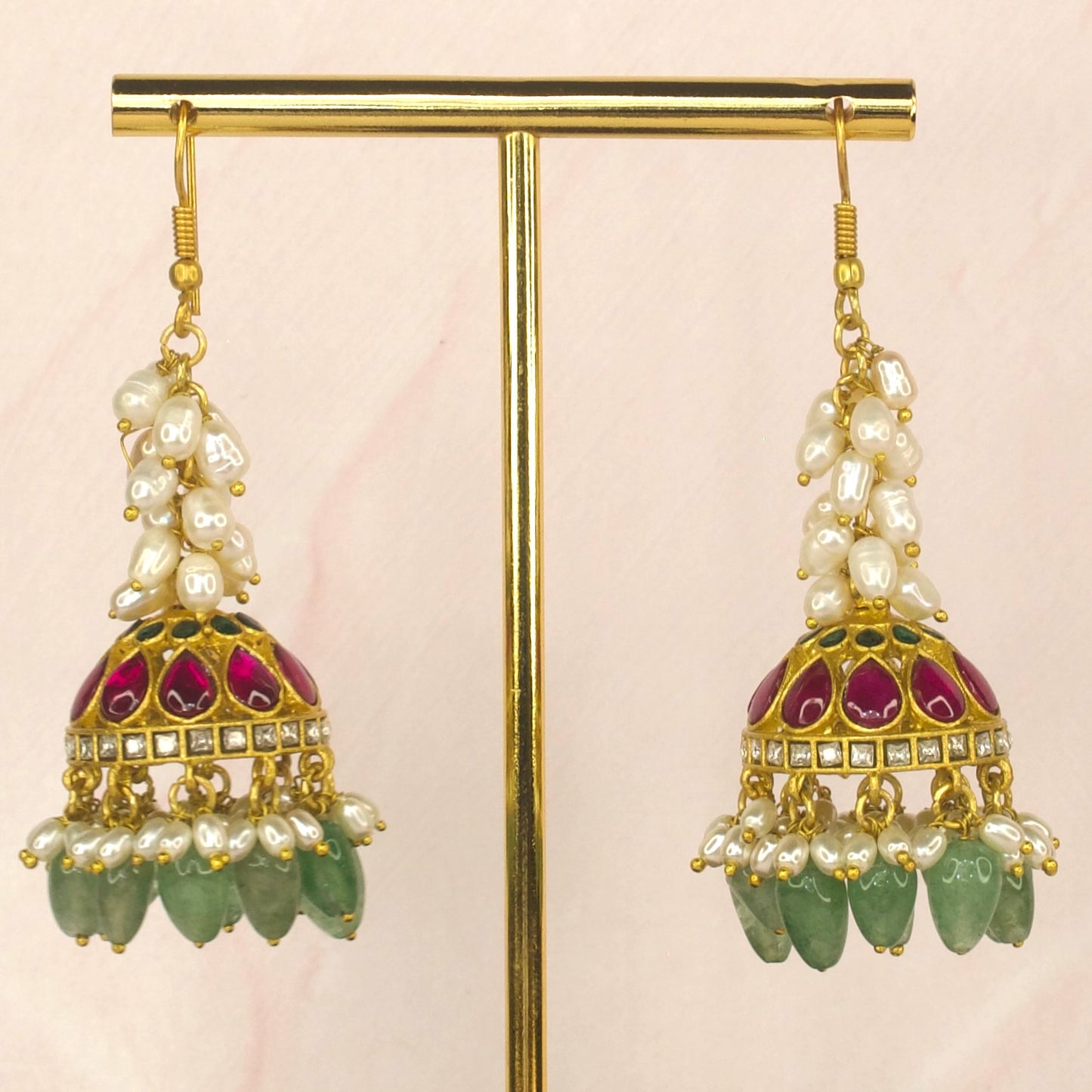 Alluring Hook Jadau Kundan Jhumkas with rice pearls and Beads - DULHAN JEWELS