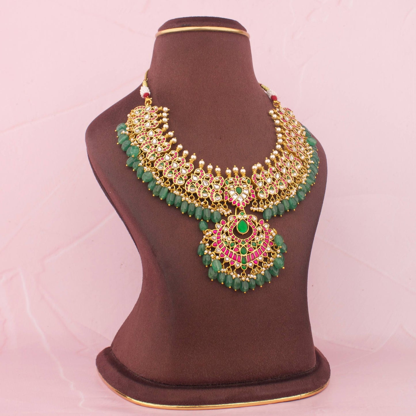 Bridal Jadau Kundan Necklace With Green Hangings