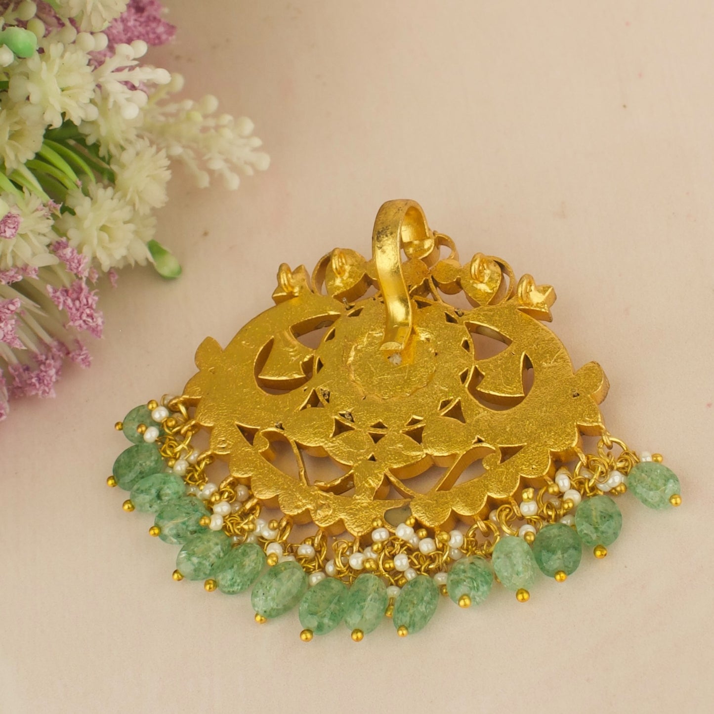 Exquisite Peacock floral Design Jadau Kundan Locket with Green Beads
