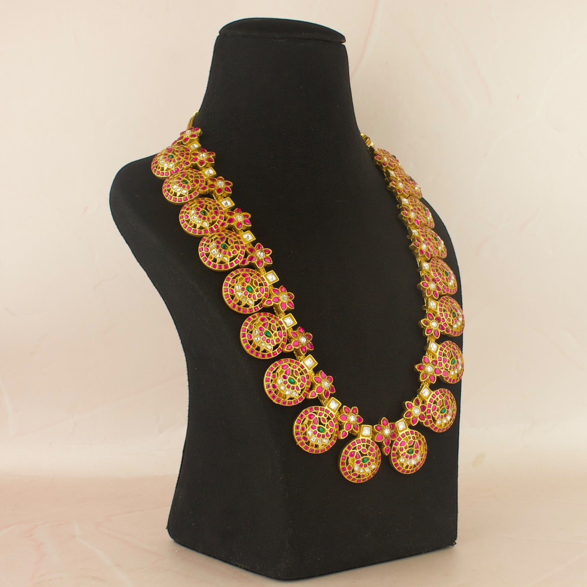 Traditional Jadau Kundan Long Bottumala Haram With Peacock Carving