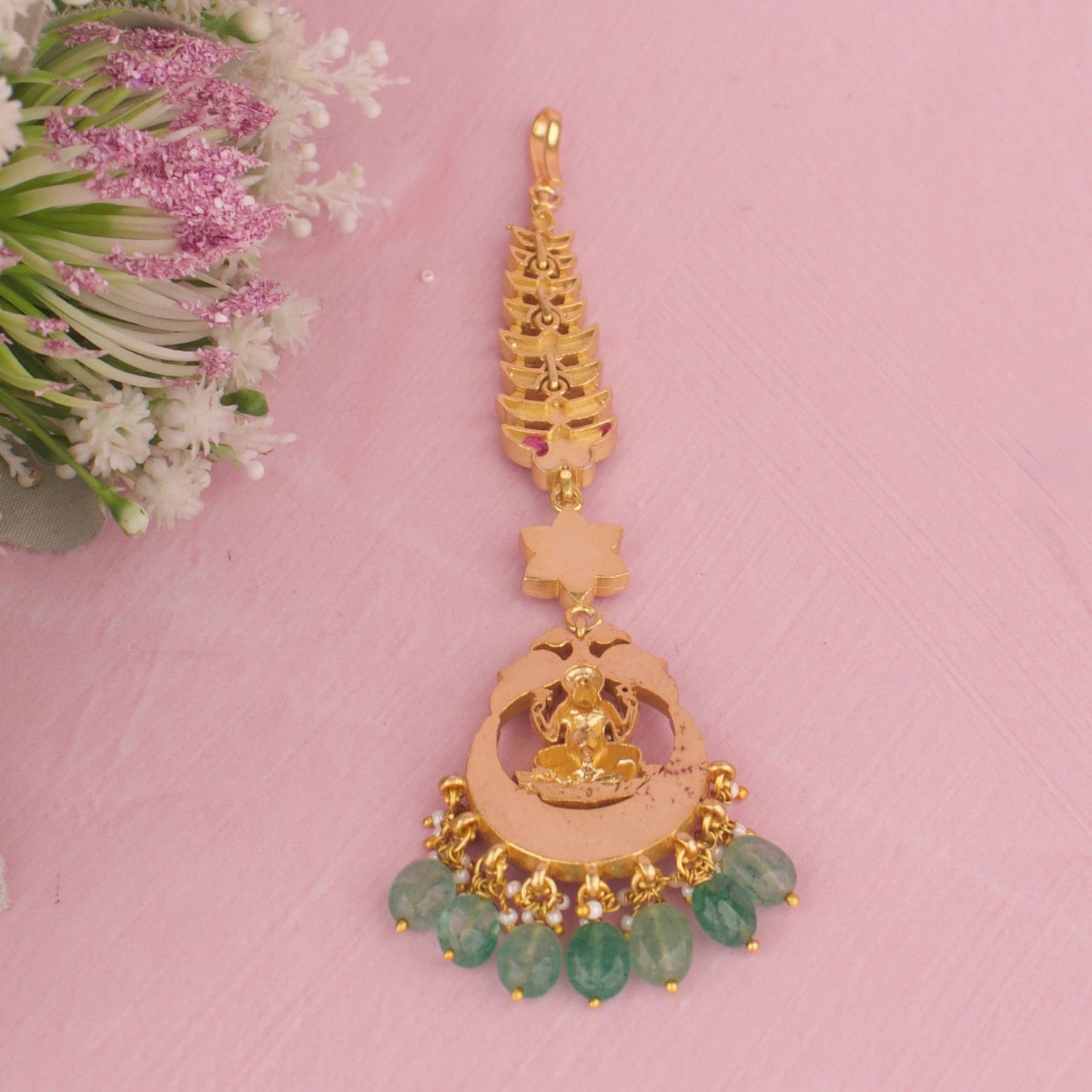 Temple Style Jadau Kundan Maangtikka With Lakshmi Devi And Green Beads