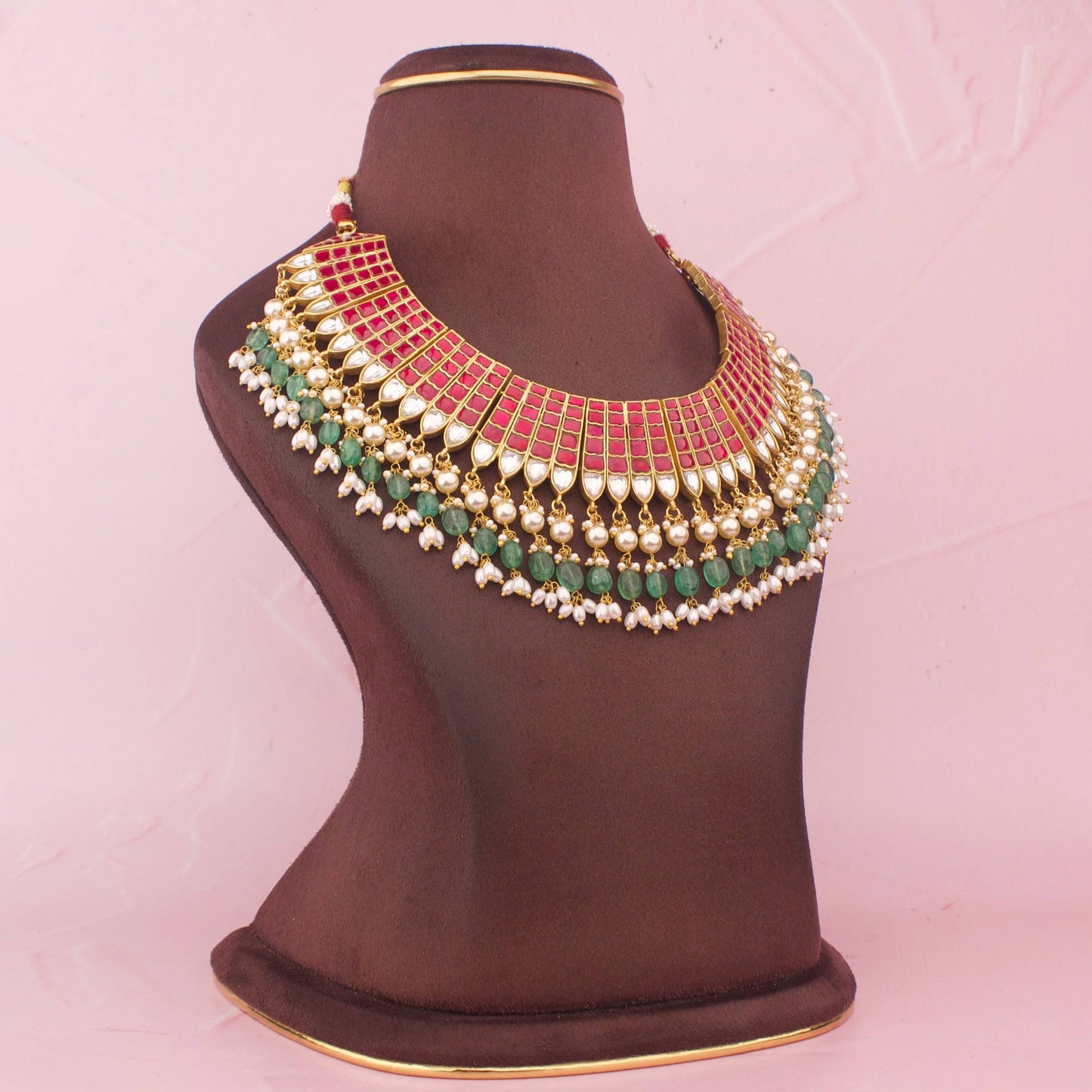 Bridal Royal Jadau Kundan Choker Necklace With Pearl And Green Bead Hangings