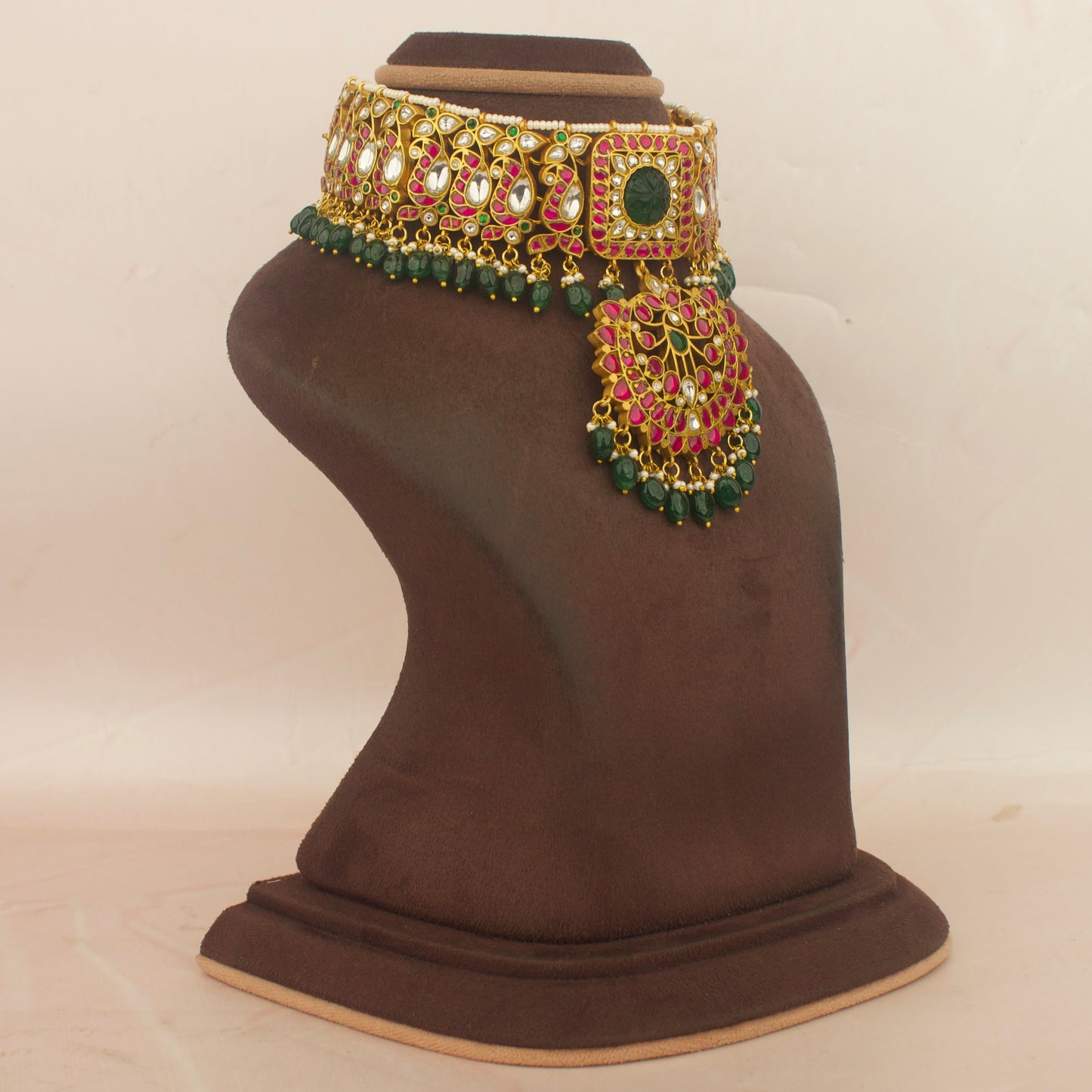 Traditional Indian bridal jadau kundan choker with green bead fringe