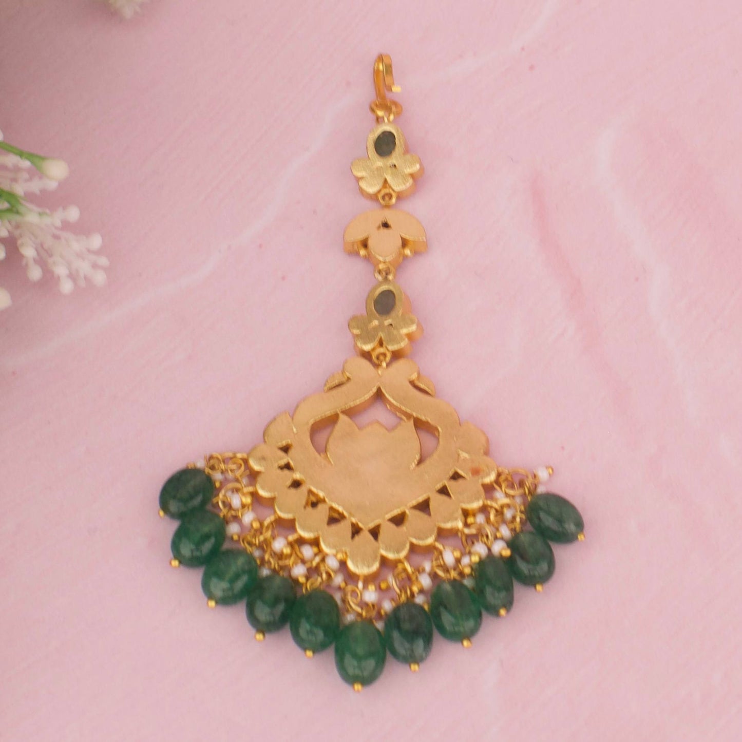 Peacock Design Jadau Kundan Maang Tikka With Emerald Beads