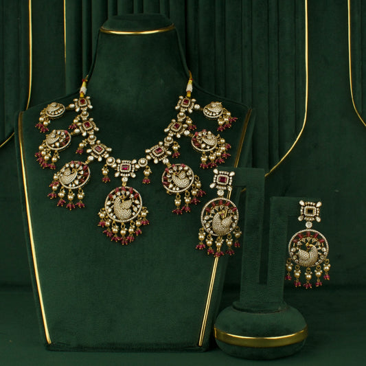 Heritage Peacock Design Fusion Kundan & Polki victorian Necklace Set