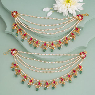 Pearl Jadau Kundan Champasaralu With Green Drops - Handcrafted Indian Bridal Jewelry by Dulhan Jewels
