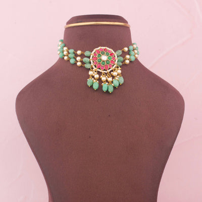 Phool Design Jadau Kundan Choker With Green Beada