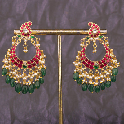 Ethnic Jadau Kundan Chandbali Earrings With Pearl Drops
