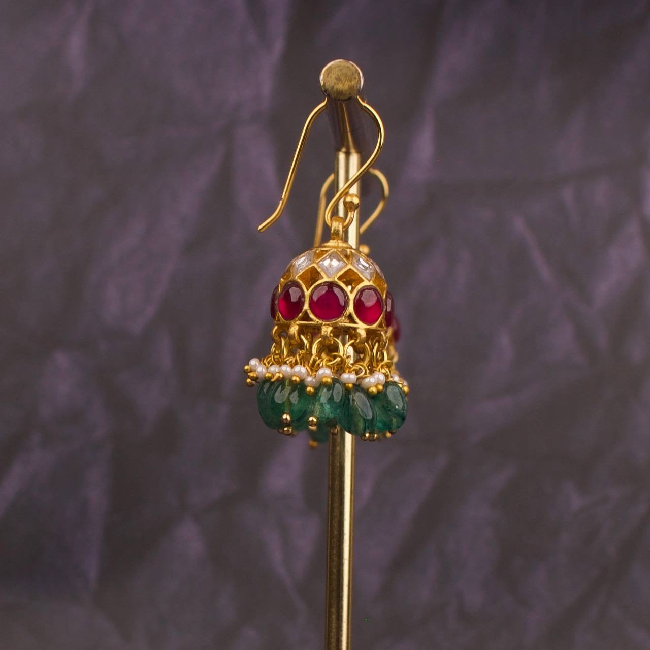Jadau Kundan Hanging Jhumki Earrings With Russian Beads As Hangings