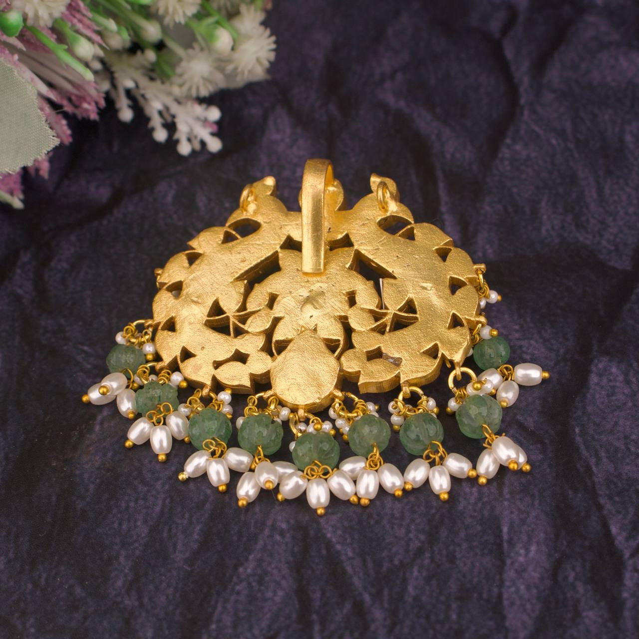 Floral Peacock Design Jadau Kundan Locket With Guttapusalu Hangings