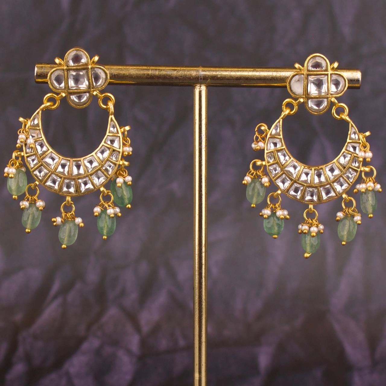 Floral Studded Sleek Jadau Kundan Chandbali Hanging Earrings