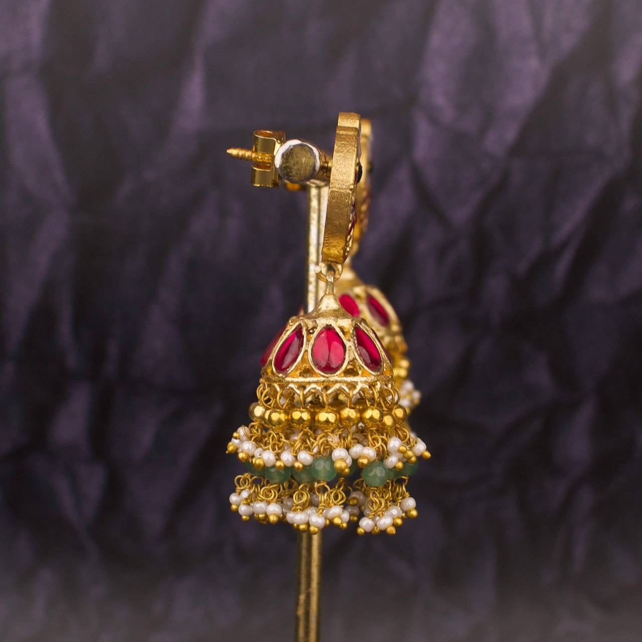 Floral Chand Shaped Jadau Kundan Jhumki With Guttapusalu Hanging