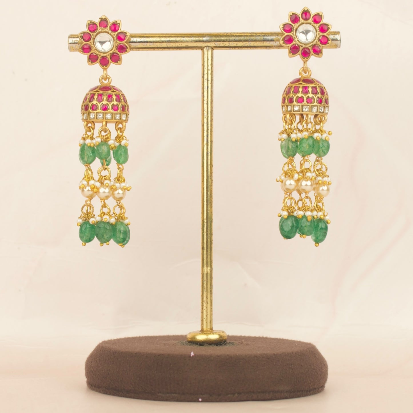 Jadau Kundan Jhumki In Floral Design With Swarovski Pearls Hanging