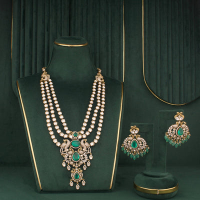 Luxury Victorian Polki Necklace Set With Peacock Motifs And Matching Earrings - Handcrafted Indian Bridal Jewelry by Dulhan Jewels