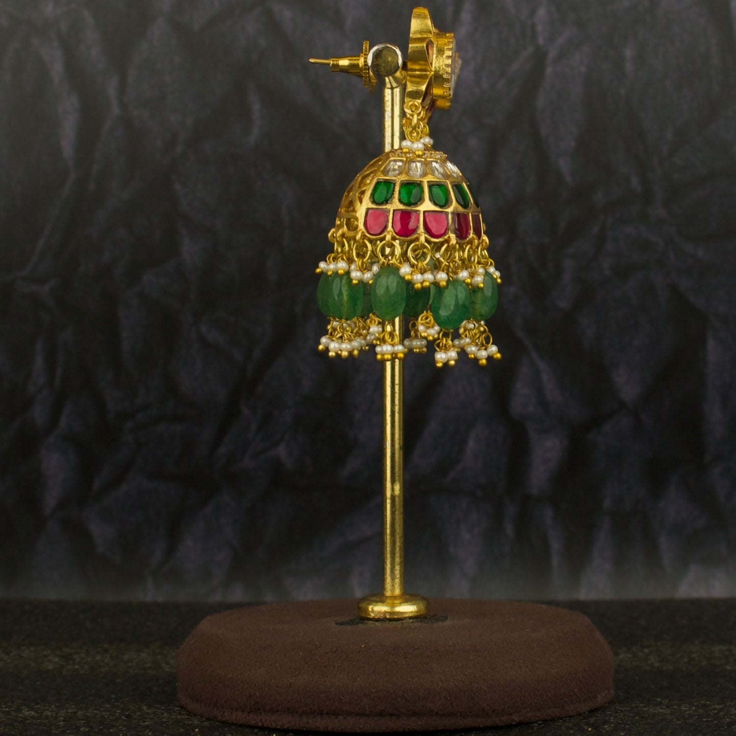 Opulent Design Studded Jadau Kundan Jhumki with Green Beads