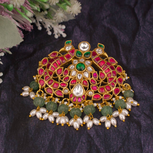 Floral Peacock Design Jadau Kundan Locket With Guttapusalu Hangings