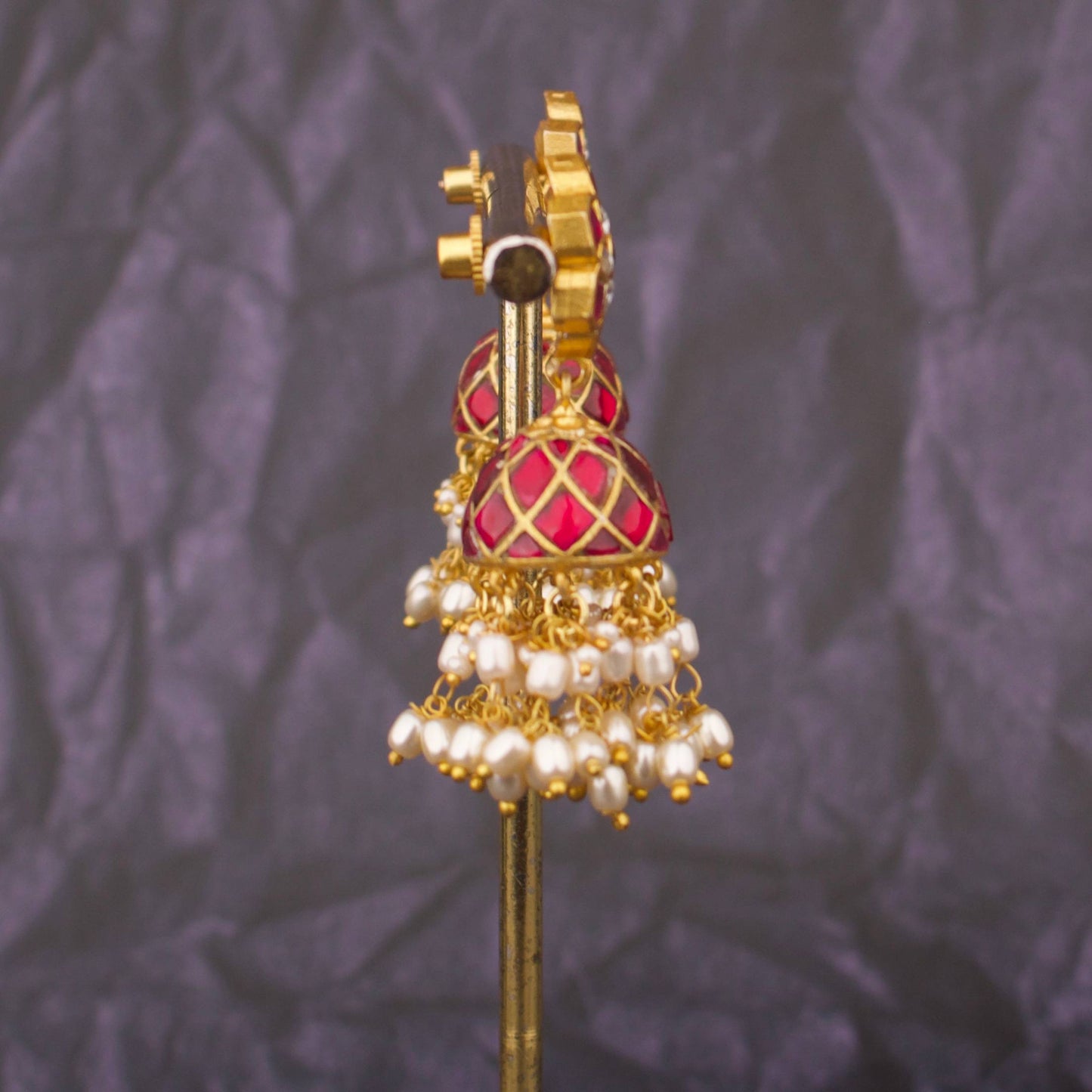 Floral Stud Traditional Jadau Kundan Jhumki Earrings With Pearl Drops